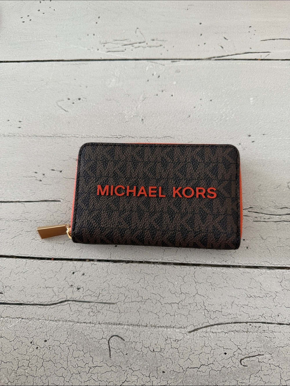 Michael Kors Brown Card Wallet with Orange Logo Trim